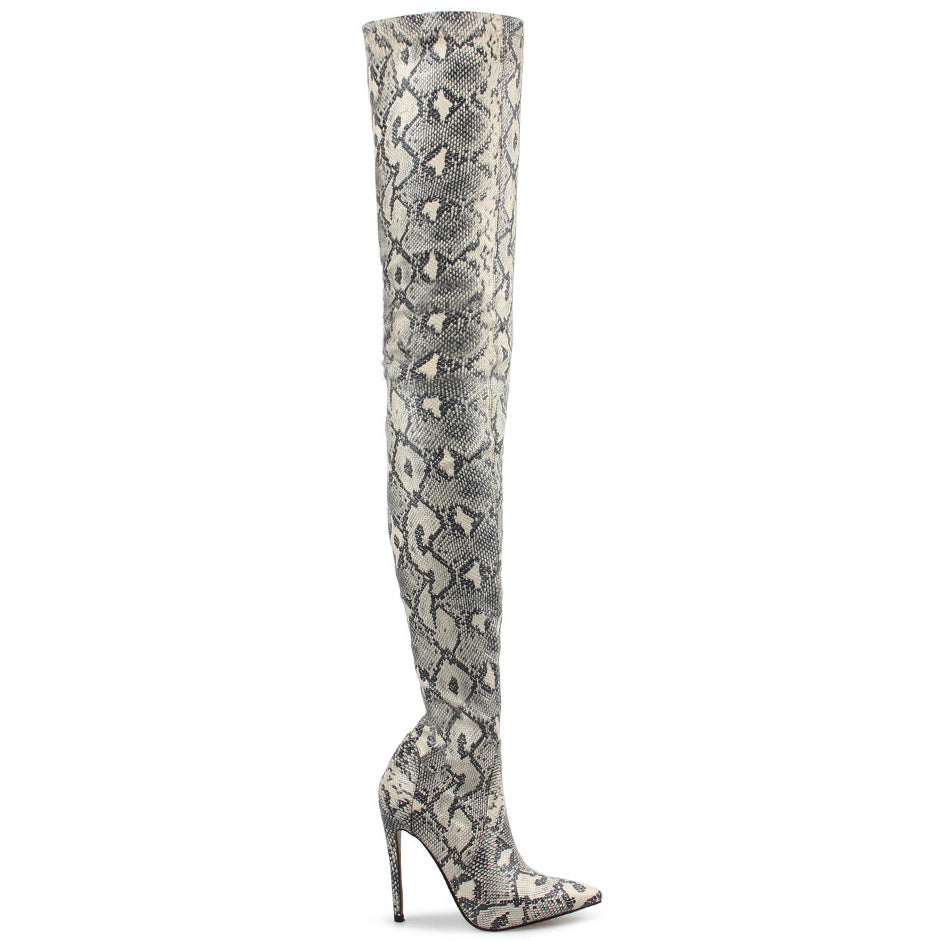 Overknee-Stiefel mit Schlangenmuster und Stilettoabsatz
