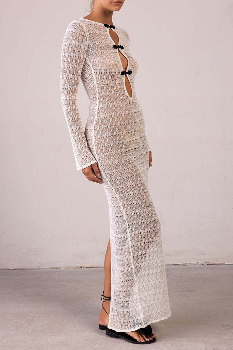 Rückenfreies Maxikleid mit Strickstruktur in Weiß
