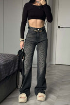 Jeans mit ausgestelltem Schnitt, Leopardenmuster und Denim