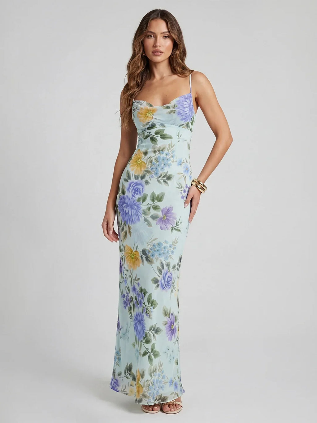 Romantic – Chiffon-Maxikleid mit Wasserfall-Ausschnitt und Blumenmuster