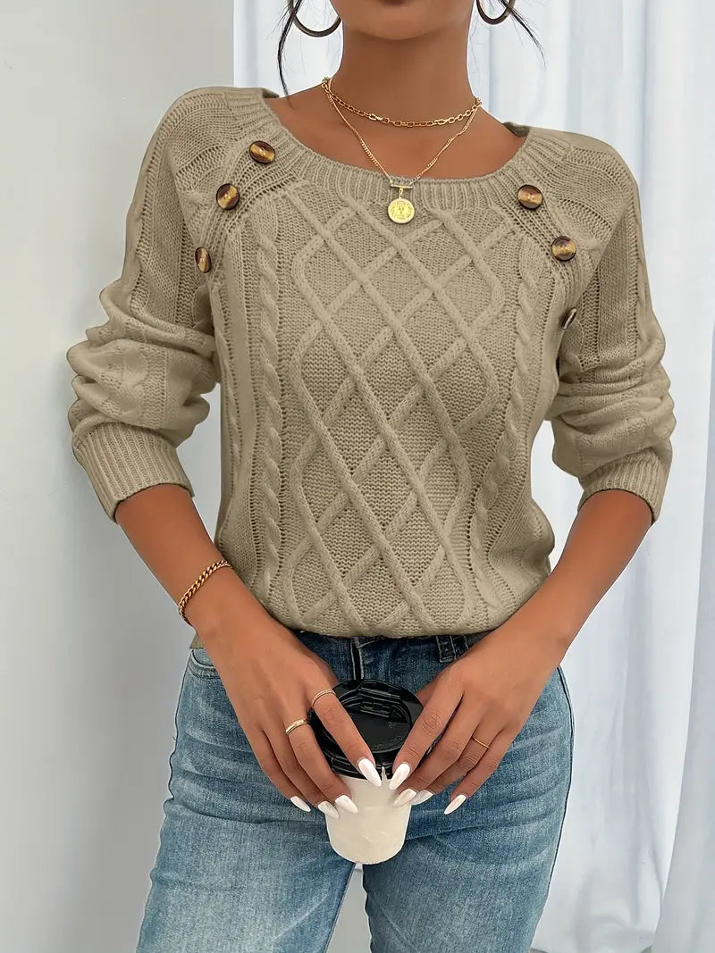 Langärmeliger Pullover Mit Zopfmuster, Lässiger Pullover Mit Rundhalsausschnitt