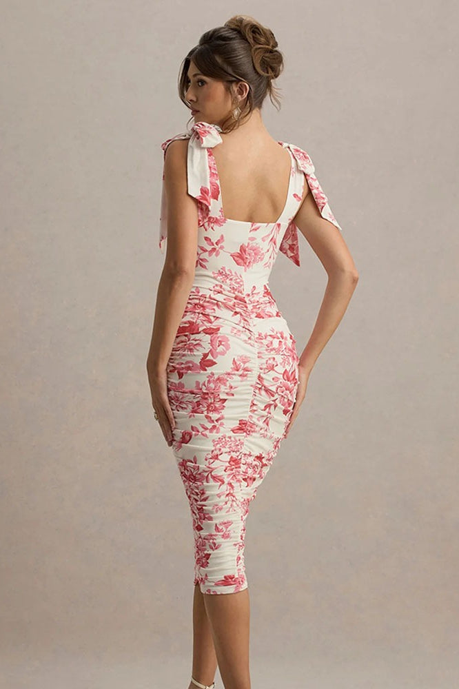 Maxikleid mit Raffung und Blumenmuster in Rot