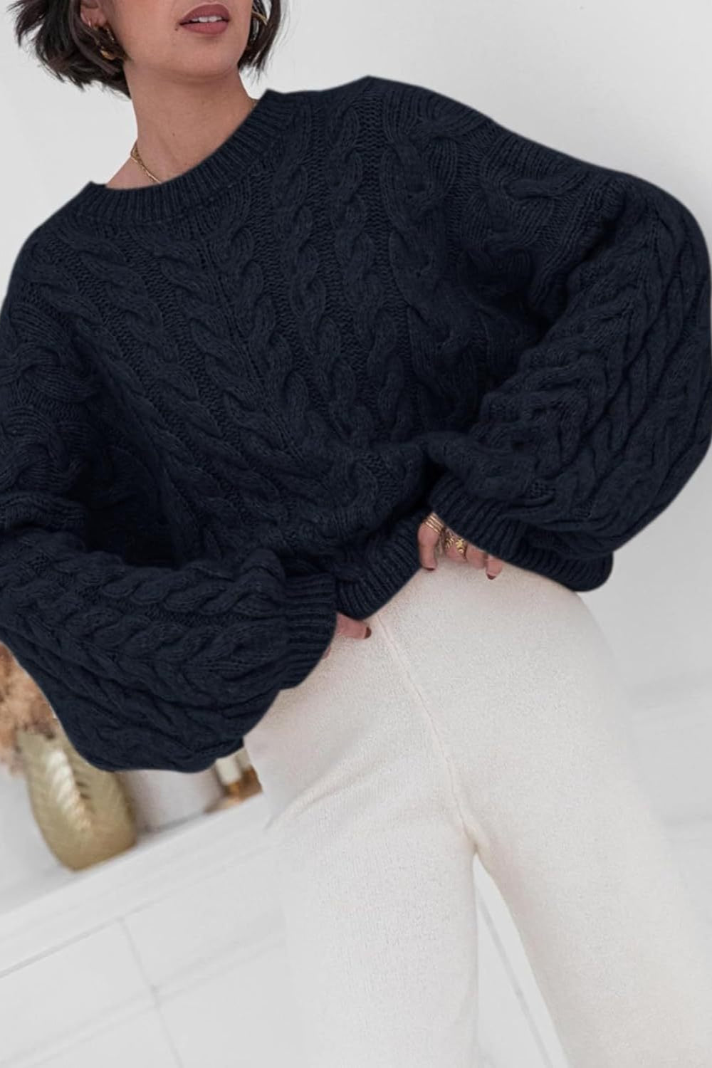 Pullover mit Strickstruktur in Weiß mit Rundhalsausschnitt
