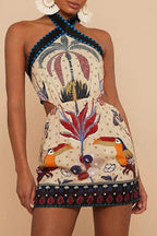 Minikleid mit Neckholder, Bindedetail und Blumenmuster in Beige