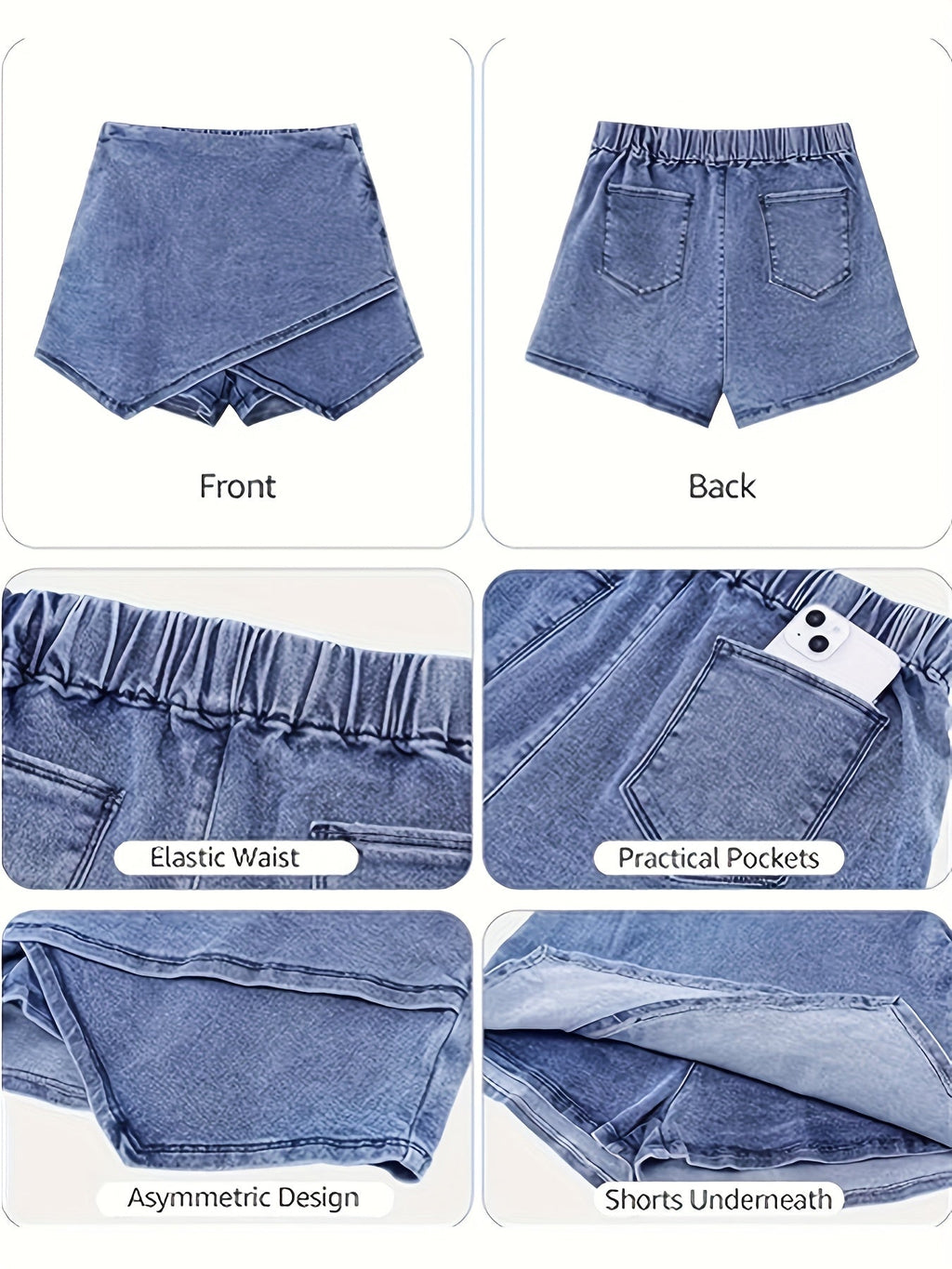Damen Denim Rock mit Asymmetrischem Saum sowie Schneeflockenmuster – Rock und Shorts Kombination