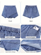 Damen Denim Rock mit Asymmetrischem Saum sowie Schneeflockenmuster – Rock und Shorts Kombination