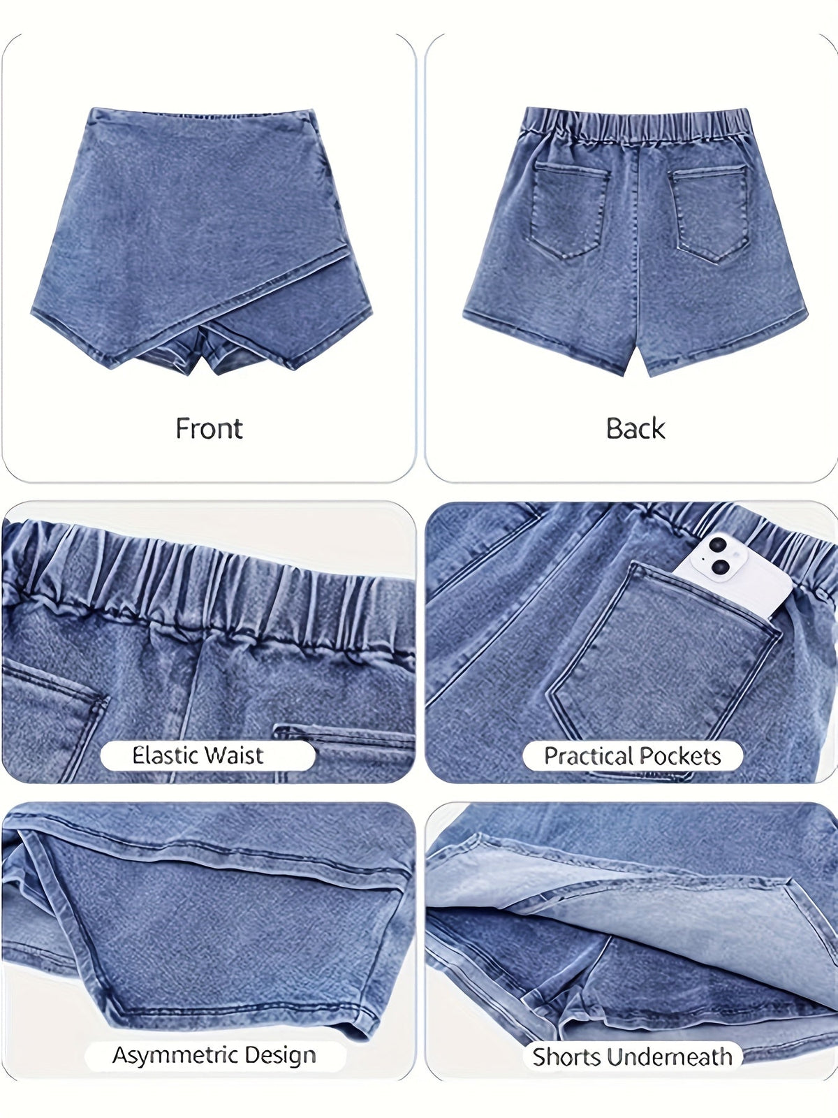 Damen Denim Rock mit Asymmetrischem Saum sowie Schneeflockenmuster – Rock und Shorts Kombination