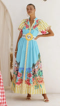 Damen Maxikleid mit Blumenmuster und Gürtel
