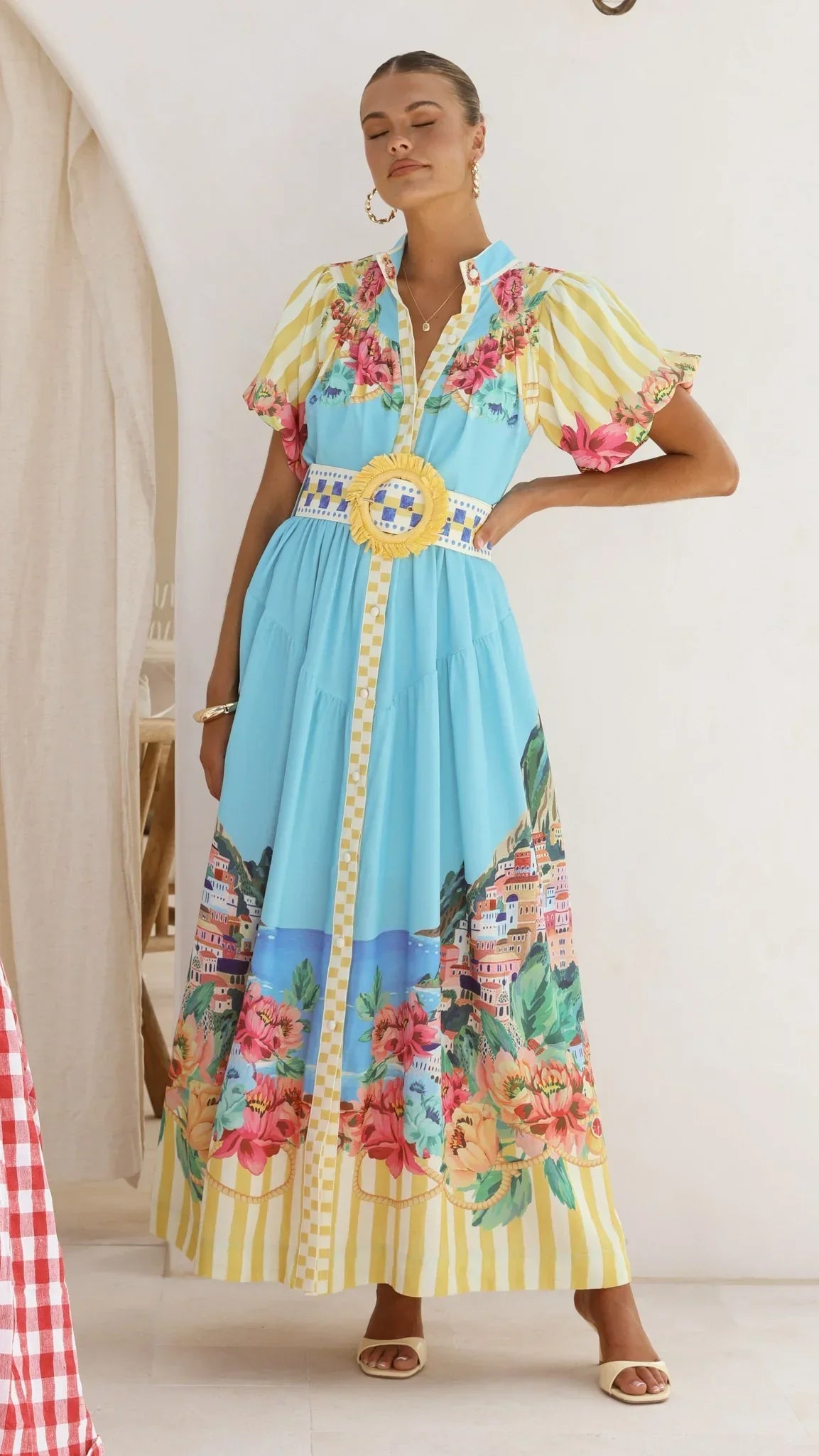 Damen Maxikleid mit Blumenmuster und Gürtel