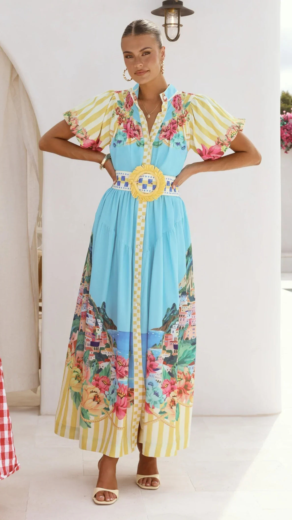 Damen Maxikleid mit Blumenmuster und Gürtel