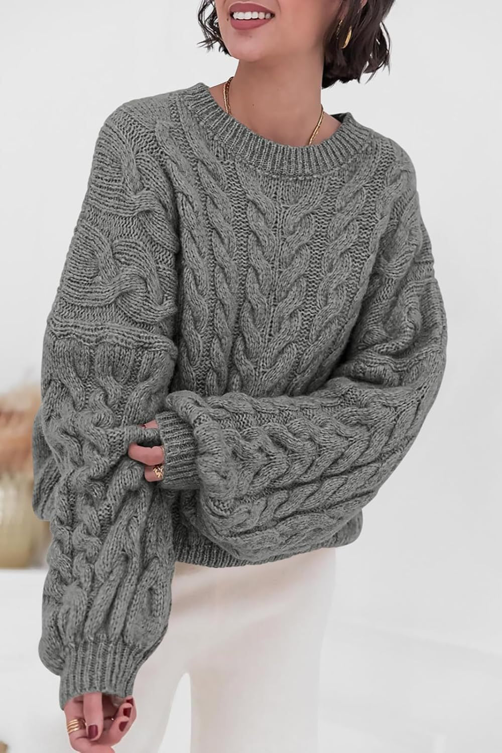 Pullover mit Strickstruktur in Weiß mit Rundhalsausschnitt