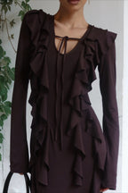 Maxikleid mit V-Ausschnitt und Rüschen in Braun