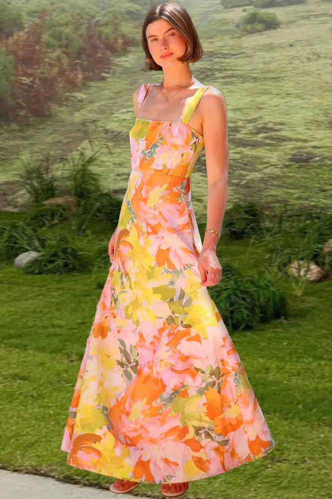 Ärmelloses Maxikleid mit Blumenmuster in Orange