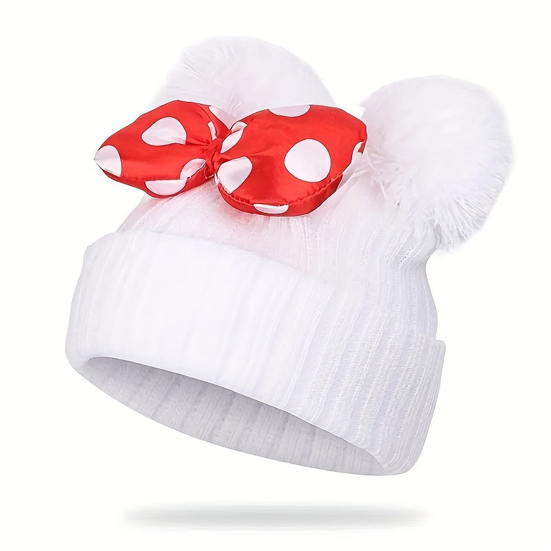 Sanne Niedlicher Minnie Hut für Kinder – Gestrickte Beanie mit Schleife sowie Pompons