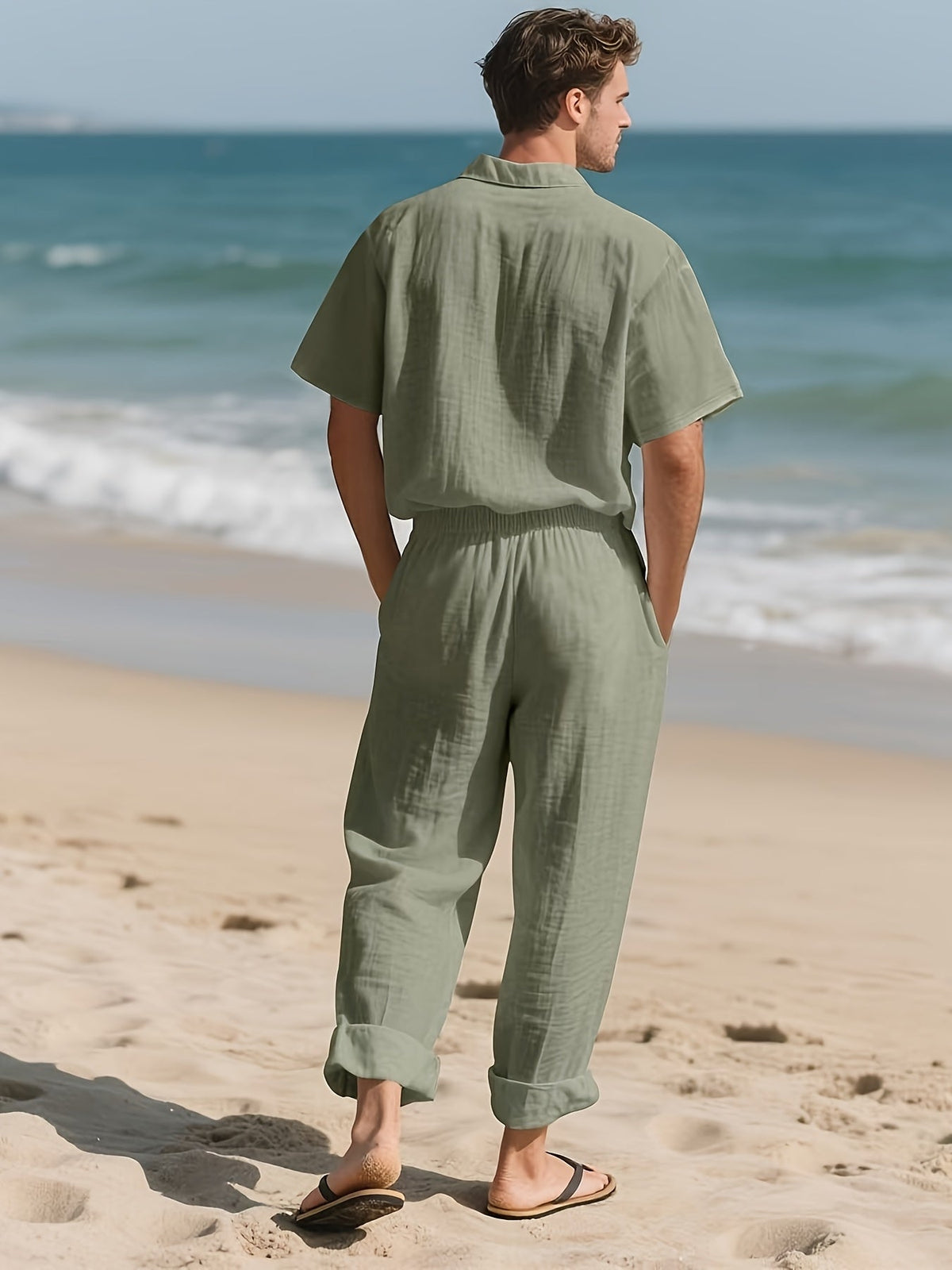 Herren Lässig Leinen Set – Bequem und Luftig mit Langer Hose und Kurzen Ärmeln