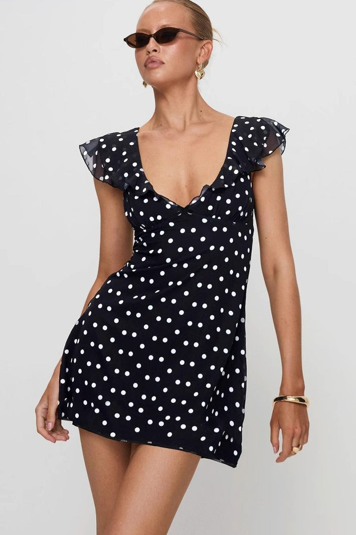 Minikleid mit A-Linie, Punktemuster und Netzdetails in Schwarz