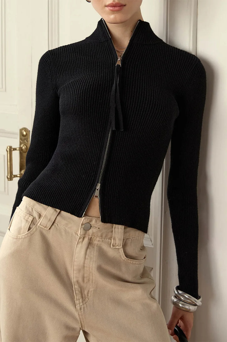 Strickjacke mit Reißverschluss und Strickstruktur in Schwarz