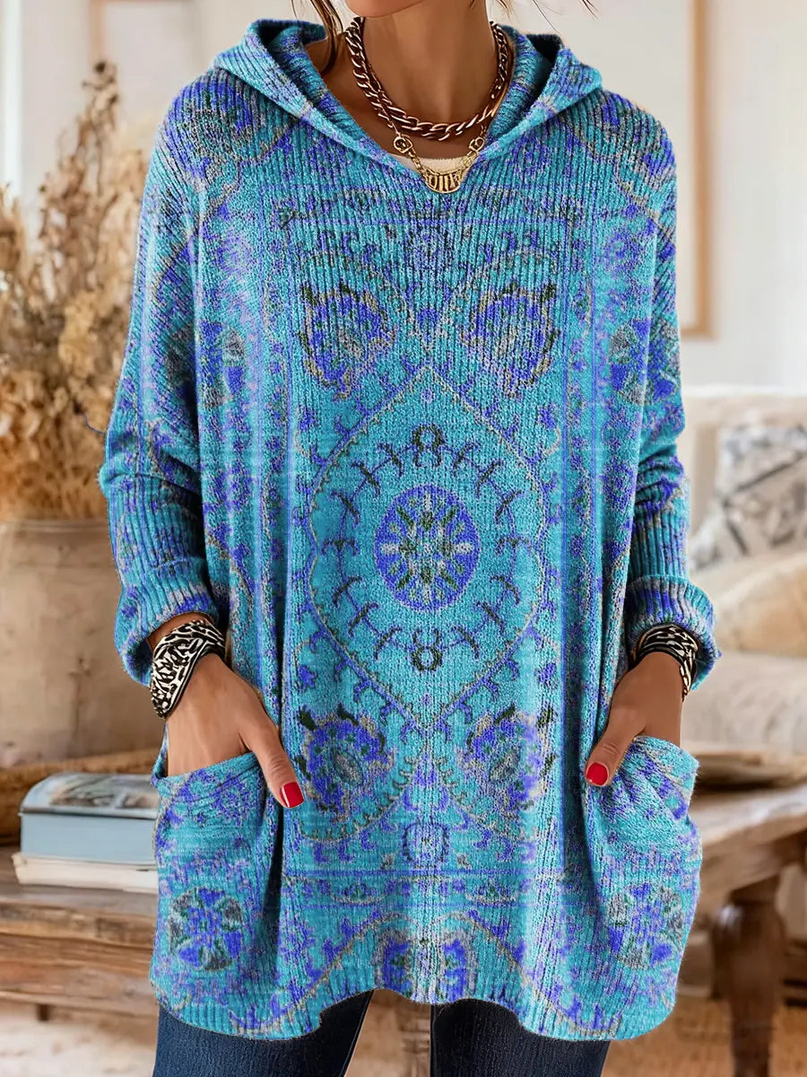 inspirierte Kapuzenstrick-Tunika mit Taschen und ethnischem Druck