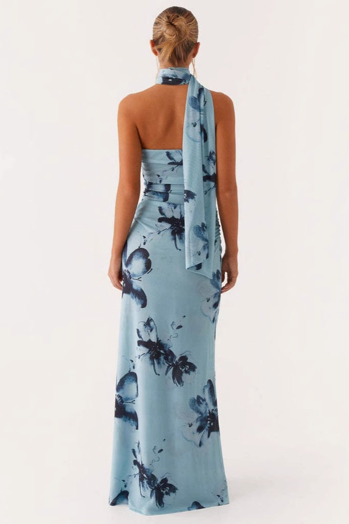 Maxikleid mit Bindedetail und Netzdetails in Blau