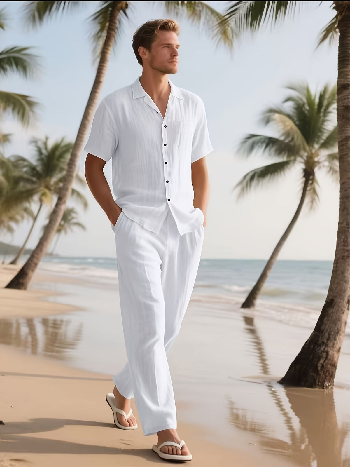 Herren Lässig Leinen Set – Bequem und Luftig mit Langer Hose und Kurzen Ärmeln