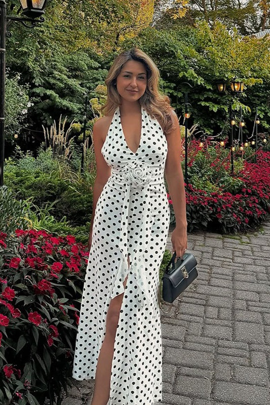 Ärmelloses Maxikleid mit Meerjungfrau-Silhouette und Punktemuster