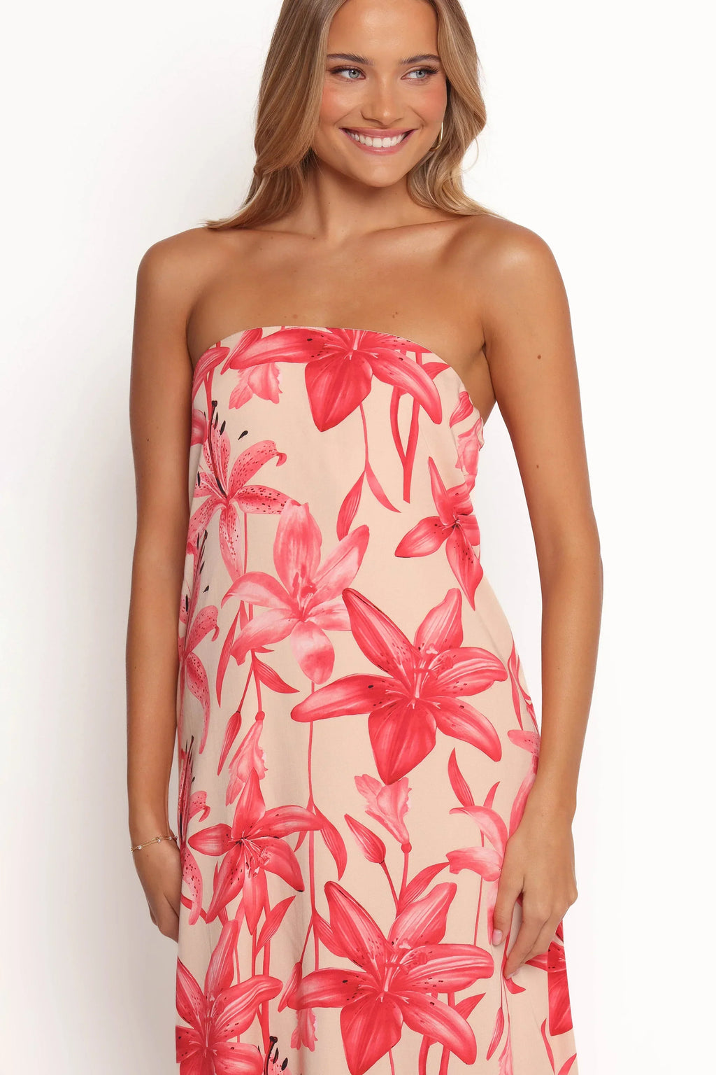 Lani – Schulterfreies Maxikleid mit A-Linien-Rock und Blumenmuster