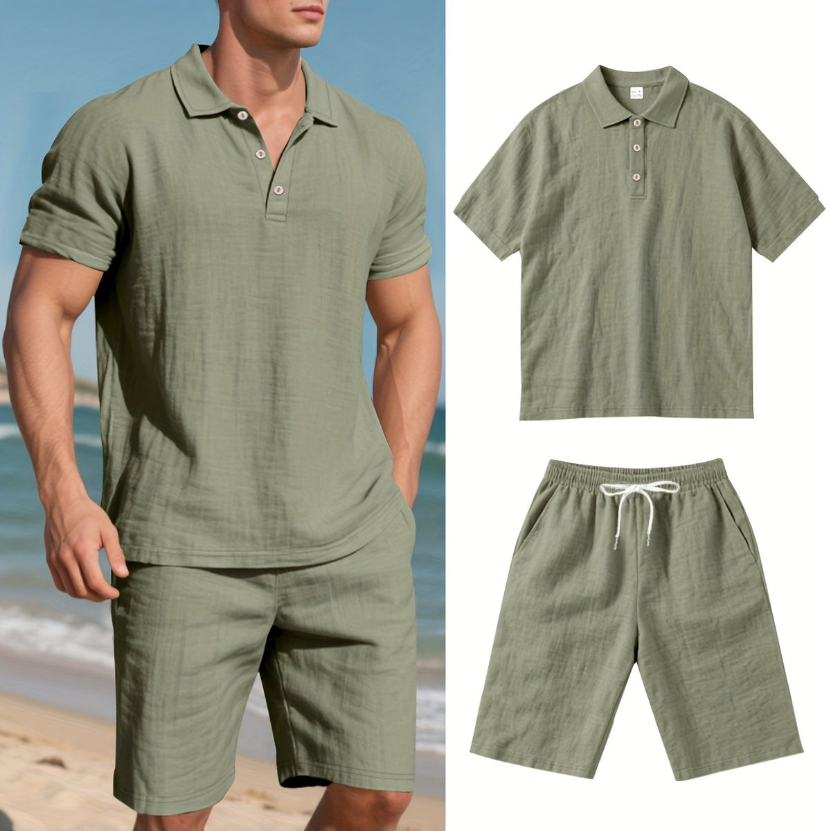 Herren Leinen Polo sowie Shorts Set – Bequem und Lässig für Warme Tage