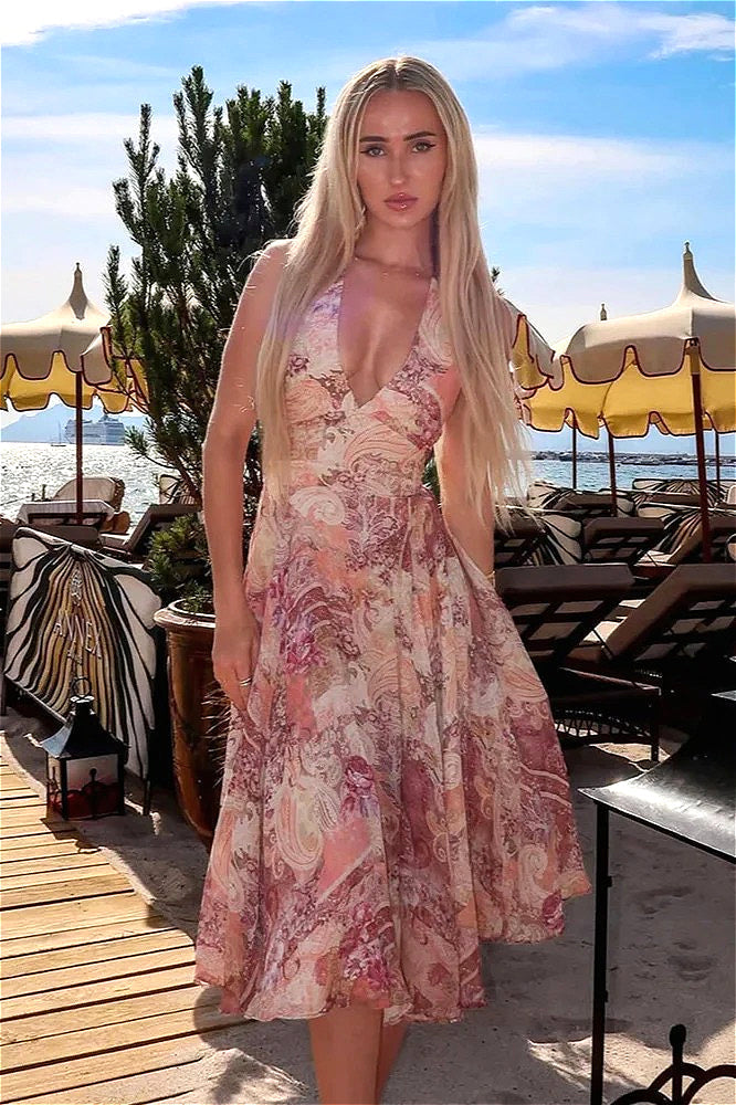 Kleid mit Neckholder, hoher Taille und Blumenmuster