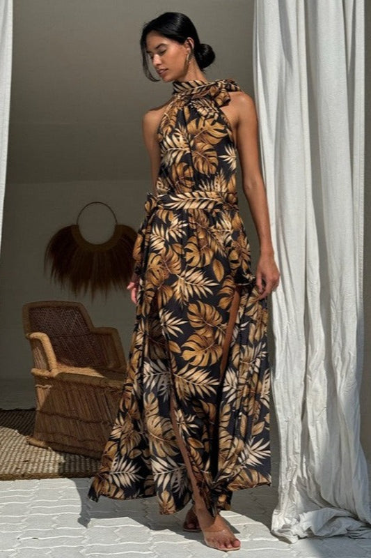 Maxikleid mit Schlitz und Blumenmuster in Schwarz