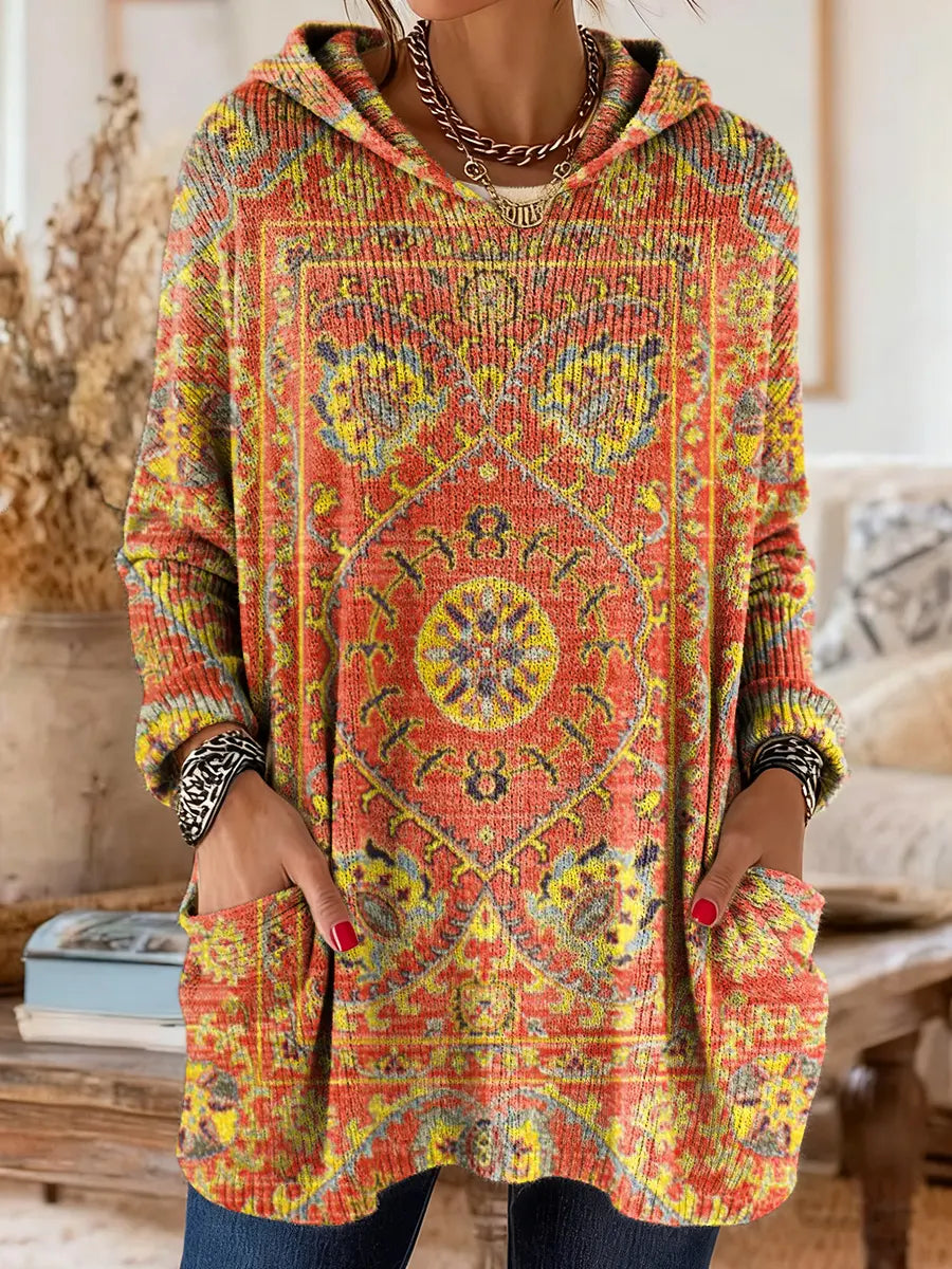 inspirierte Kapuzenstrick-Tunika mit Taschen und ethnischem Druck