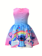Disney Stitch Mädchen Ärmelloses Rundhalskleid inklusive Schleife & Blumenmuster - Leichter Polyester-Spandex