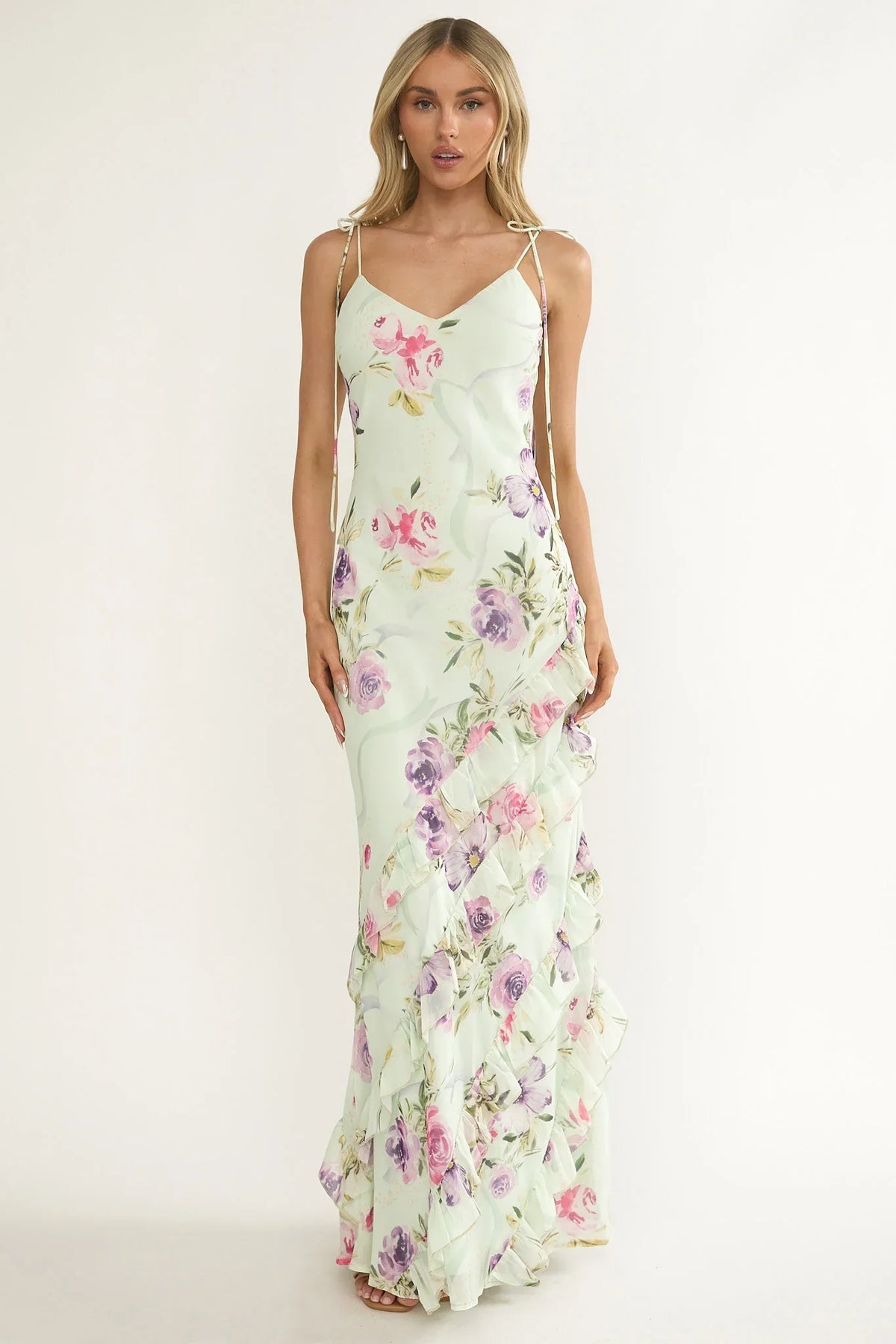 Damen Maxikleid mit Blumenmuster und Volants