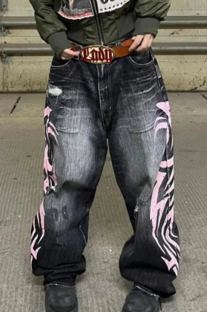Jeans mit weitem Bein und Druck in Rosa