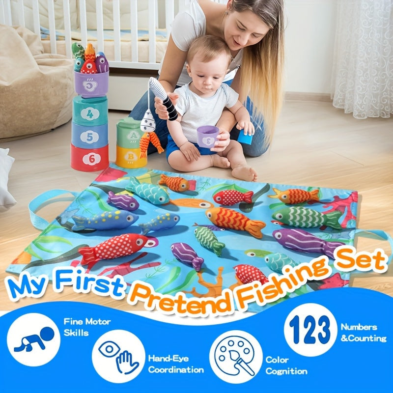 Kinder-Fabric Angelset – Plüschfische sowie Stapelbecher für Lernspaß