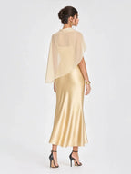 Damen Satin-Maxikleid mit Chiffon-Cape