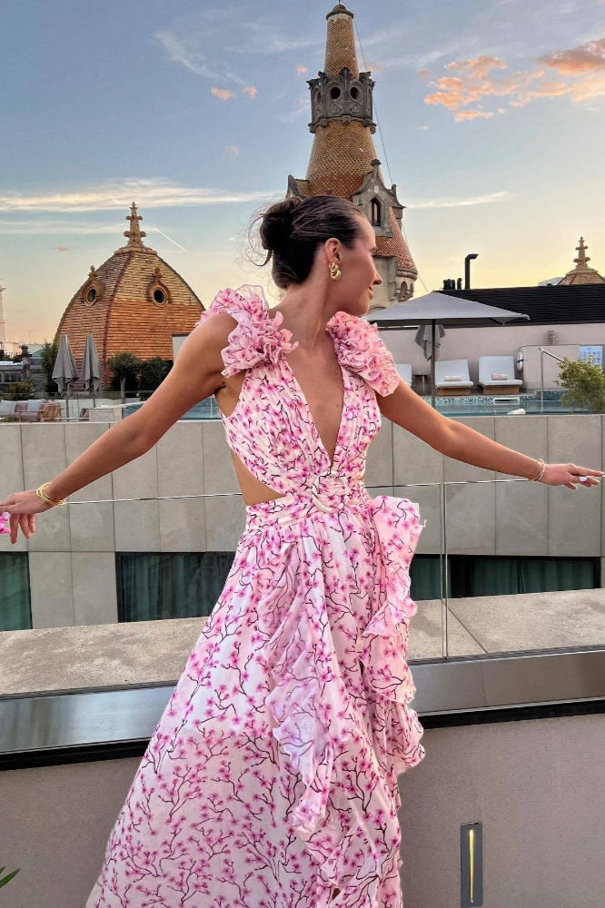 Kleid mit V-Ausschnitt, Blumenmuster und Rüschen