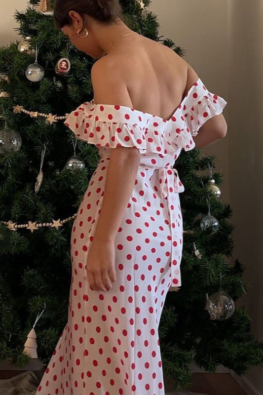 Maxikleid mit A-Linie, Punktemuster und Rüschen