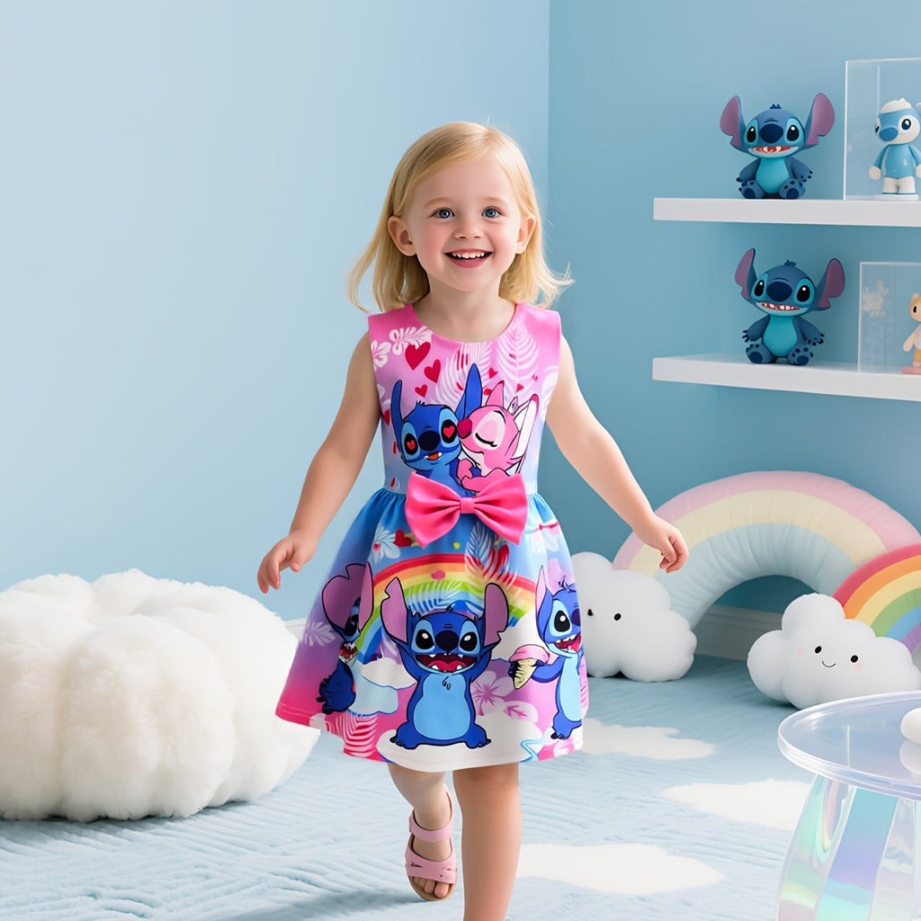 Disney Stitch Mädchen Ärmelloses Rundhalskleid inklusive Schleife & Blumenmuster - Leichter Polyester-Spandex