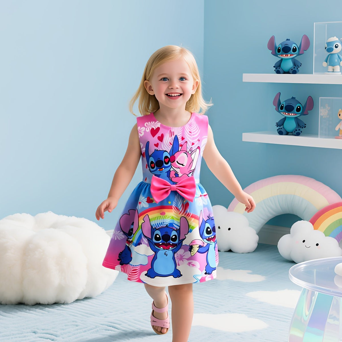 Disney Stitch Mädchen Ärmelloses Rundhalskleid inklusive Schleife & Blumenmuster - Leichter Polyester-Spandex