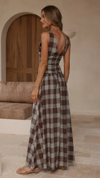 Damen Maxikleid mit Karomuster und V-Ausschnitt