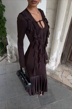 Maxikleid mit V-Ausschnitt und Rüschen in Braun