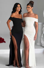Damen Abendkleid mit schulterfreiem Ausschnitt und Beinschlitz