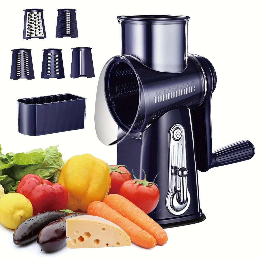 Multifunktionale Rotierende Küchenreibe – 5-in-1 Käse- sowie Gemüseschneider mit rutschfester Basis