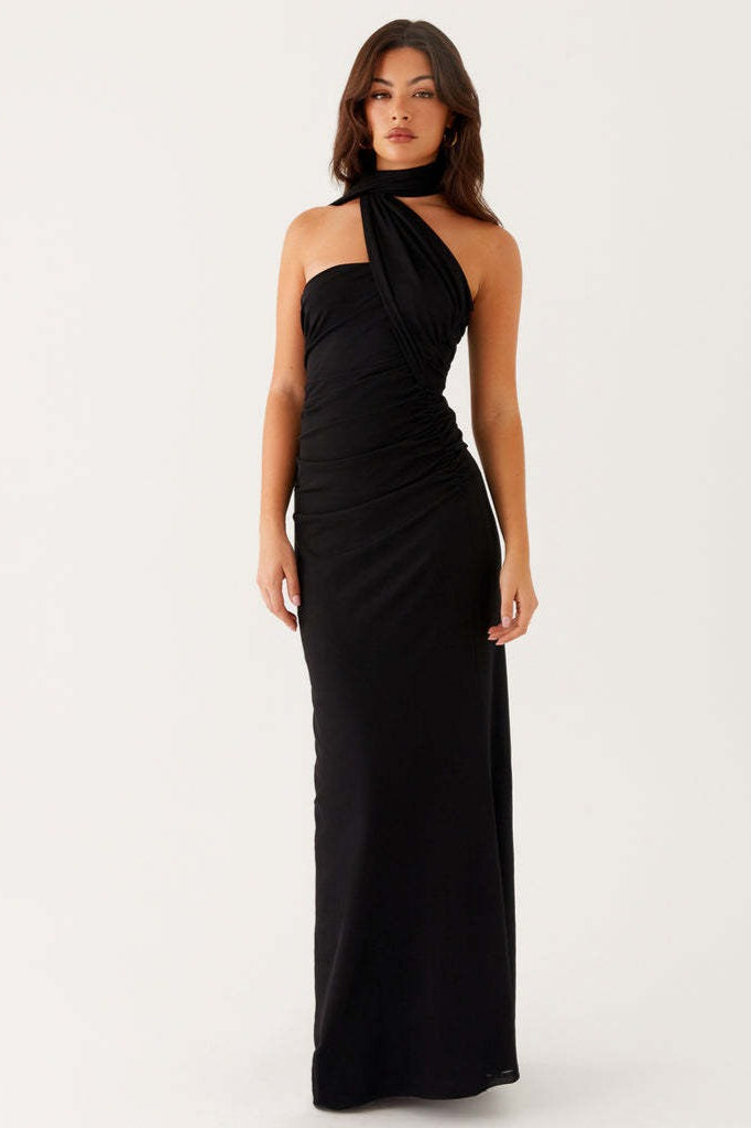 Maxikleid mit Bindedetail und Netzdetails in Blau