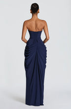 Damen Abendkleid trägerlos mit Drapierung und Beinschlitz