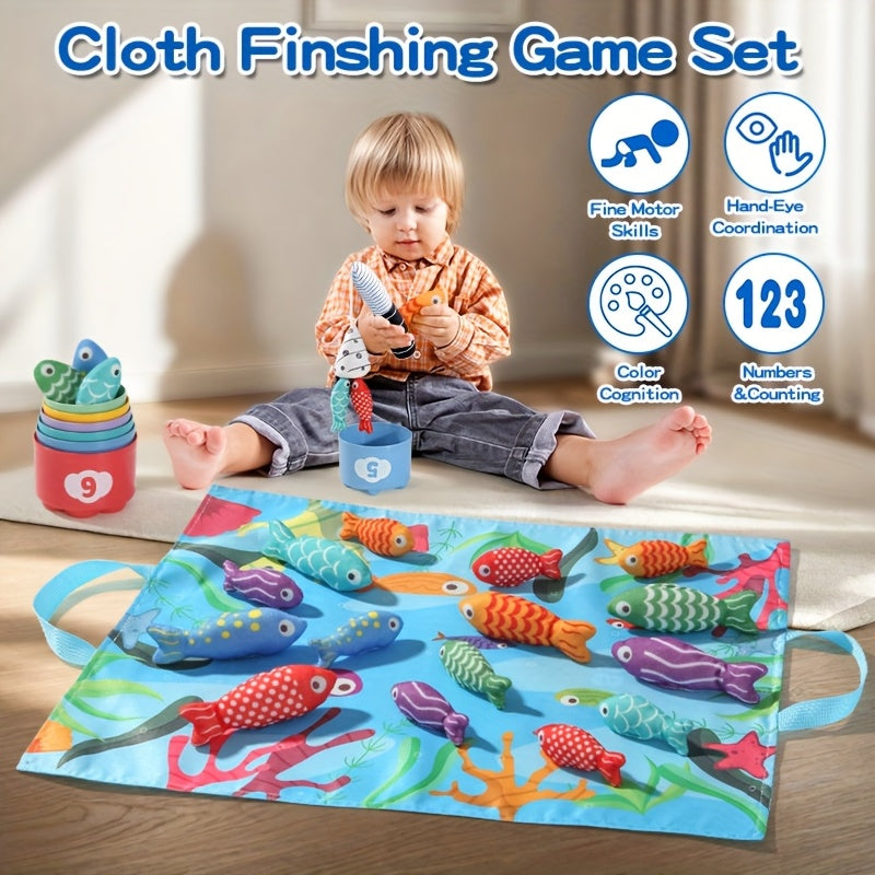 Kinder-Fabric Angelset – Plüschfische sowie Stapelbecher für Lernspaß