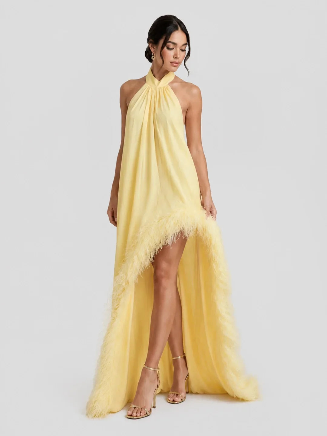 Feather – Chiffon-Maxikleid mit Neckholder und offenem Rücken