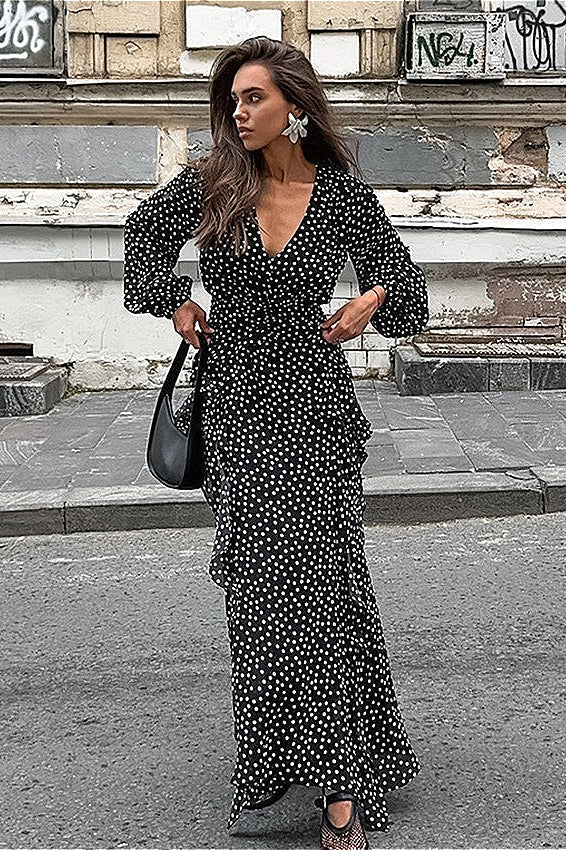 Maxikleid mit V-Ausschnitt, Puffärmeln und A-Linie