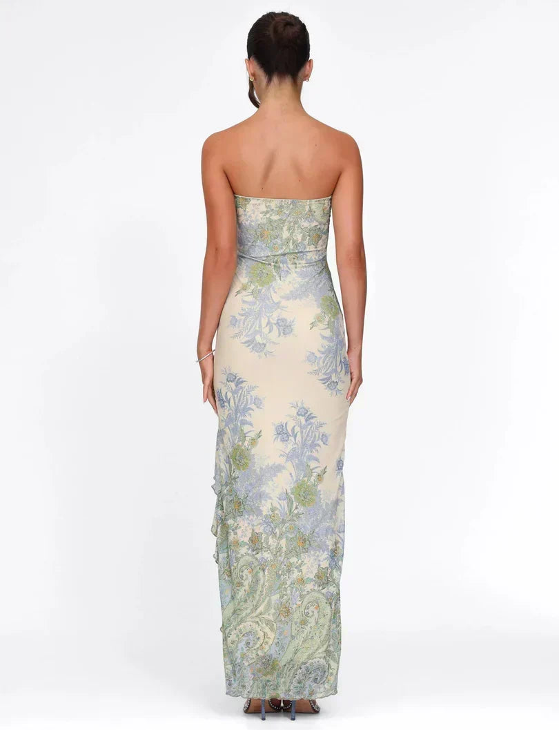 Damen Maxikleid trägerlos mit Blumenmuster und Beinschlitz