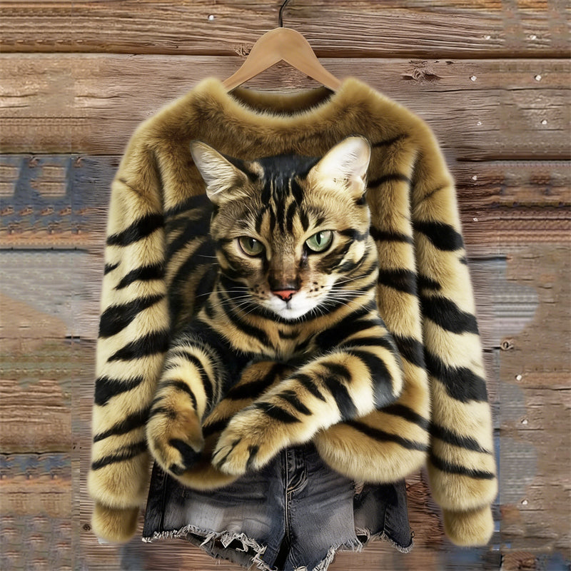 Gemütlicher Plüsch-Pullover mit einem Tiger- und Tabby-Kätzchen-Design